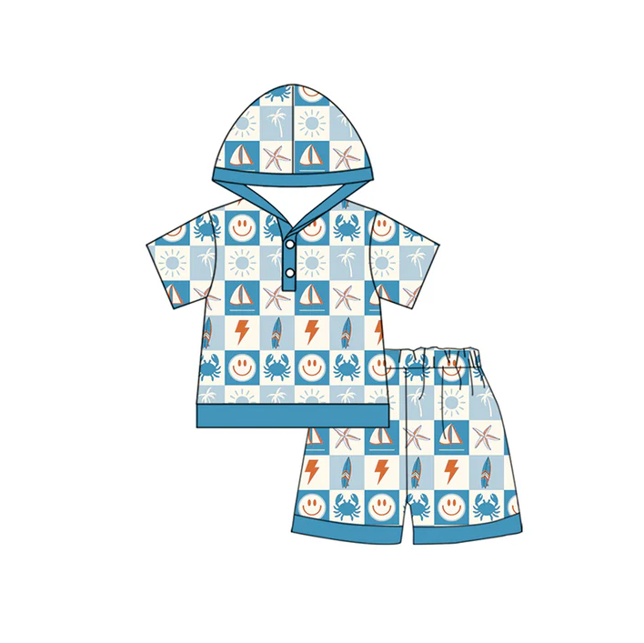 4.26 Preorder moq 5 Baby Boys Blue Short Sleeves Smiles Boats Hoodies Top Short Set