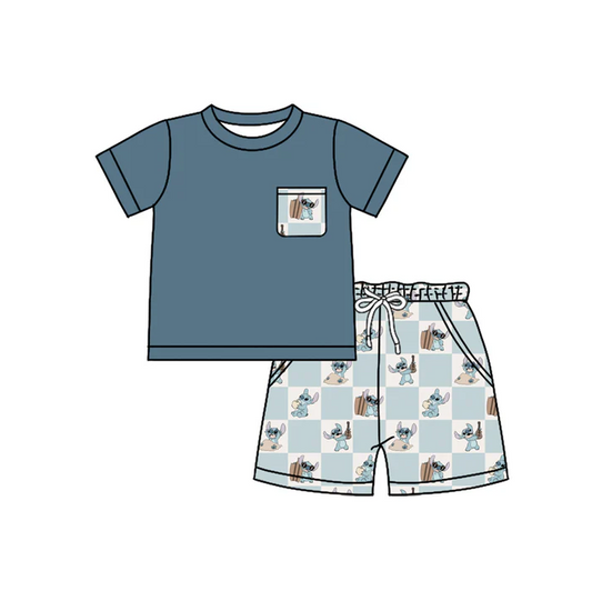 4.26 Preorder moq 5 Baby Boys Hot Blue Short Sleeves Pocket Top Cartoon Bunny Plaid Short Set
