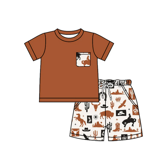 4.26 Preorder moq 5 Baby Boys Brown Short Sleeves Pocket Top Horse Rodeos Cactus Short Set