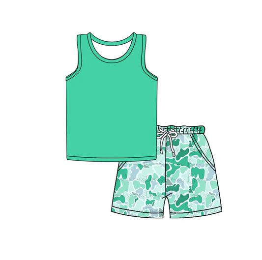 4.26 Preorder moq 5 Baby Boys Sleeveless Vest Top Green Camo Pockets Short Set