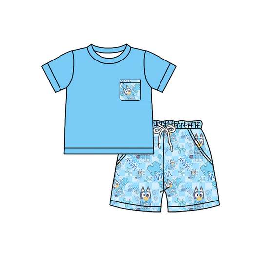 4.26 Preorder moq 5 Baby Boys Blue Short Sleeves Pocket Top Cartoon Dogs Short Set