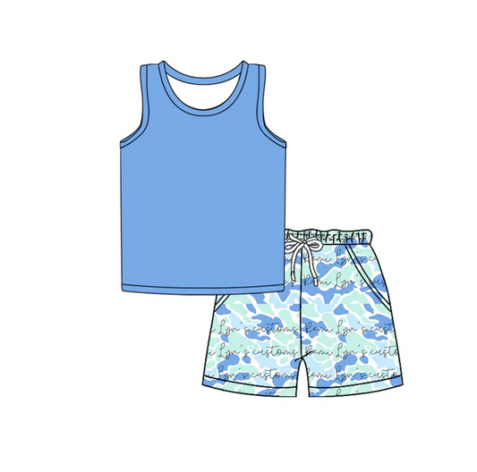 4.26 Preorder moq 5 Baby Boys Sleeveless Vest Top Blue Camo Pockets Short Set