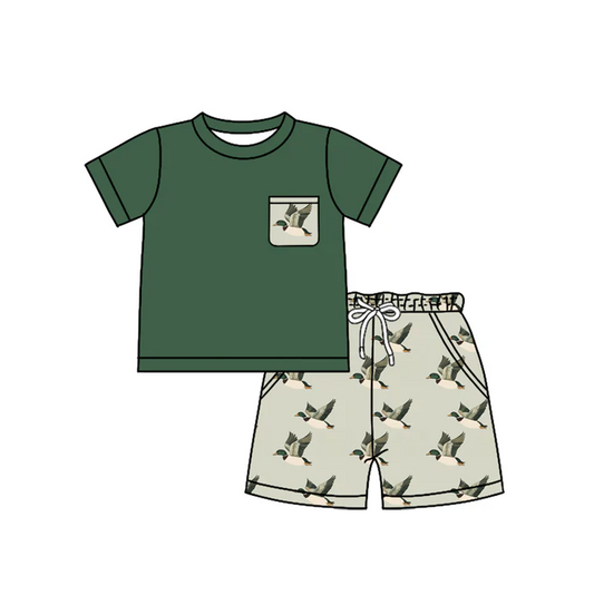 4.26 Preorder moq 5 Baby Boys Green Short Sleeves Pocket Top Ducks Short Set