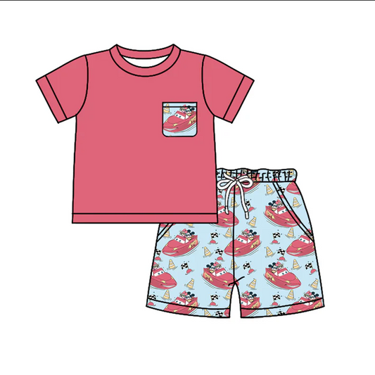 4.26 Preorder moq 5 Baby Boys Red Short Sleeves Pocket Top Cartoon Cars Mouse Short Set