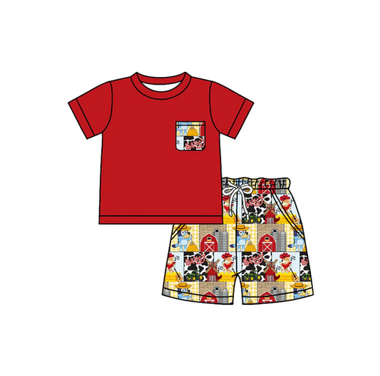 4.26 Preorder moq 5 Baby Boys Red Short Sleeves Pocket Top House Cartoon Dogs Short Farm Set