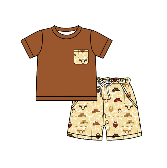4.26 Preorder moq 5 Baby Boys Brown Short Sleeves Pocket Top Bull Skull Hats Short Set