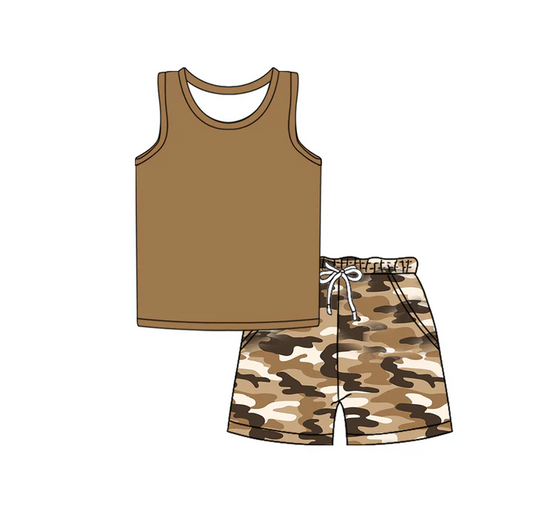 4.26 Preorder moq 5 Baby Boys Sleeveless Vest Top Brown Khaki Camo Pockets Short Set