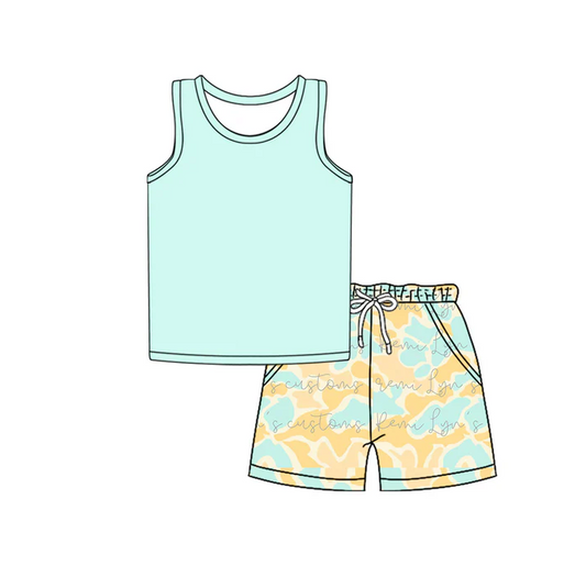 4.26 Preorder moq 5 Baby Boys Sleeveless Vest Top Light Blue Yellow Camo Pockets Short Set