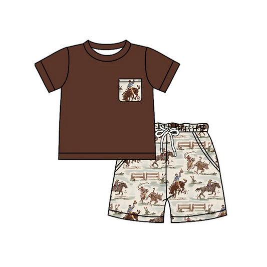 4.26 Preorder moq 5 Baby Boys Dark Brown Sleeves Pocket Top Horse Rodeos Short Set