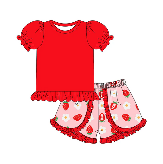 4.26 Preorder moq 5 Baby Girls Red Short Ruffle Sleeves Tunic Strawberry Flowers Ruffle Short Set