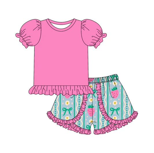 4.26 Preorder moq 5 Baby Girls Pink Short Ruffle Sleeves Tunic Strawberry Bows Ruffle Short Set