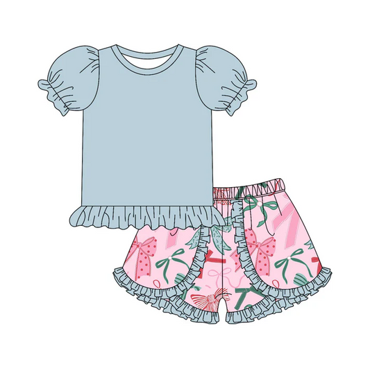 4.26 Preorder moq 5 Baby Girls Blue Short Ruffle Sleeves Tunic Colorful Bows Ruffle Short Set