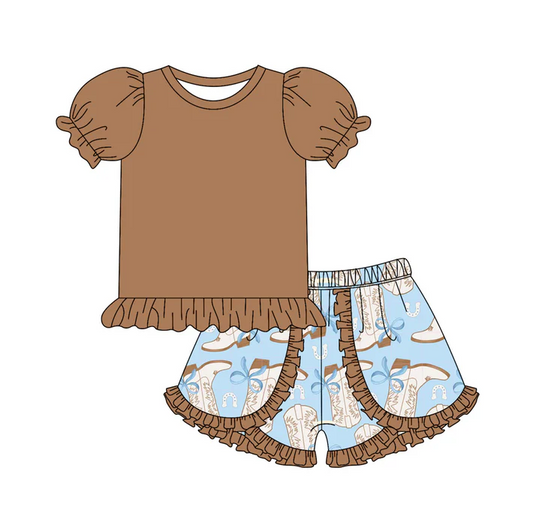 4.26 Preorder moq 5 Baby Girls Brown Short Ruffle Sleeves Tunic Bows Boots Ruffle Short Set