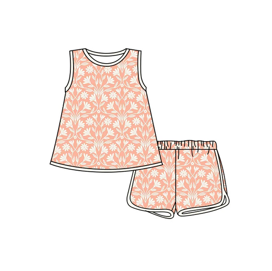 4.26 Preorder moq 5 Baby Girls Sleeveless Peach Flowers Tunic Short Set