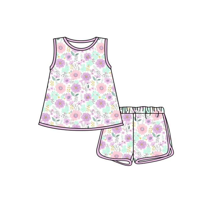 4.26 Preorder moq 5 Baby Girls Sleeveless Lavender Flowers Tunic Short Set