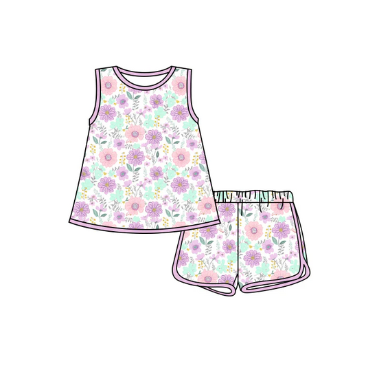 4.26 Preorder moq 5 Baby Girls Sleeveless Lavender Flowers Tunic Short Set