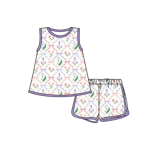4.26 Preorder moq 5 Baby Girls Purple Sleeveless Bows Flowers Tunic Short Set
