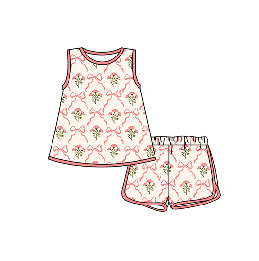 4.26 Preorder moq 5 Baby Girls Sleeveless Pink Bows Flowers Tunic Short Set