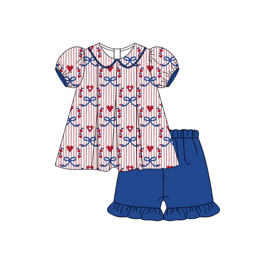 4.26 Preorder moq 5 Baby Girls Short Ruffle Sleeves Bows Hearts Stripe Tunic Navy Ruffle Short Set