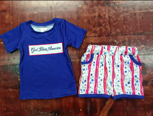 4.28 Preorder moq 5 Baby Boys Hot Blue God Bless America Top Stars Pockets Short 4th Of July Set
