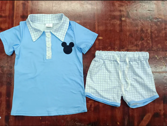 4.28 Preorder moq 5 Baby Boys Light Blue Cartoon Mouse Button Top Plaid Short Set