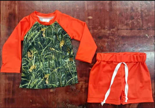 4.28 Preorder moq 5 Baby Boys Orange Long Sleeves Green Bottomland Camo Top Short Pajamas Set