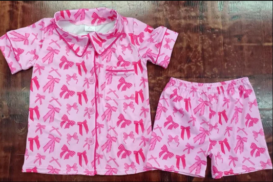 4.28 Preorder moq 5 Baby Girls Short Sleeves Pink Bows Button Pocket Top Short Pajamas Set