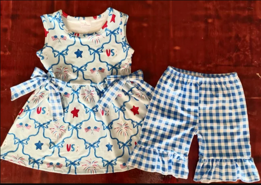 4.28 Preorder moq 5 Baby Girls Sleeveless Blue Bows Flags Tunic Ruffle Plaid Short Set