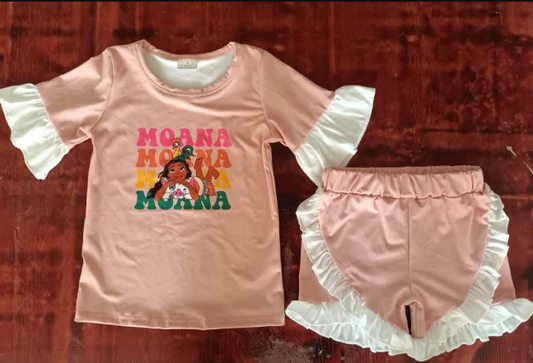 4.28 Preorder moq 5 Baby Girls Peach Short Sleeves Moana Top Ruffle Short Set