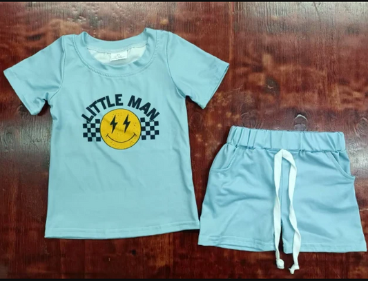4.28 Preorder moq 5 Baby Boys Blue Short Sleeves Little Man Smile Top Pockets Short Set