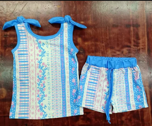 4.28 Preorder moq 5 Baby Girls Blue Bows Sleeveless Floral Stripe Top Pockets Short Set