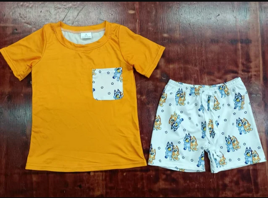 4.28 Preorder moq 5 Baby Boys Orange Short Sleeves Pocket Top Cartoon Dogs Stars Short Set
