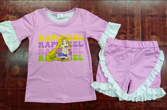 4.28 Preorder moq 5 Baby Girls Pink Short Sleeves Princess Rapunzel Top Ruffle Short Set