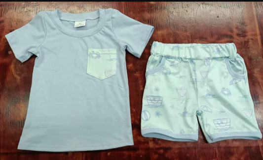 4.28 Preorder moq 5 Baby Boys Gray Short Sleeves Pocket Top Beach Pockets Short Set