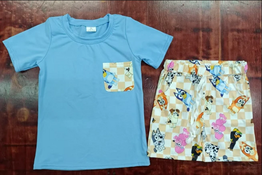 4.28 Preorder moq 5 Baby Boys Blue Short Sleeves Pocket Top Cartoon Dogs Pockets Short Set