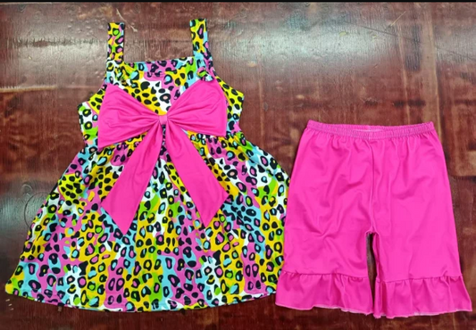 4.28 Preorder moq 5 Baby Girls Strap Colorful Leopard Bows Tunic Hot Pink Ruffle Short Set