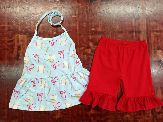 4.28 Preorder moq 5 Baby Girls Strap Baseballs Bows Tunic Red Ruffle Short Set