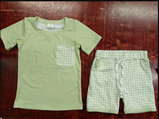 4.28 Preorder moq 5 Baby Boys Short Sleeves Aqua Pocket Top Plaid Pockets Short Set