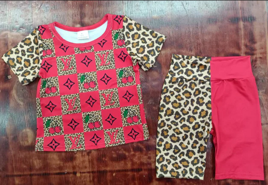 4.28 Preorder moq 5 Baby Girls Short Sleeves Leopard Cherry Top Patchwork Mid Short Set