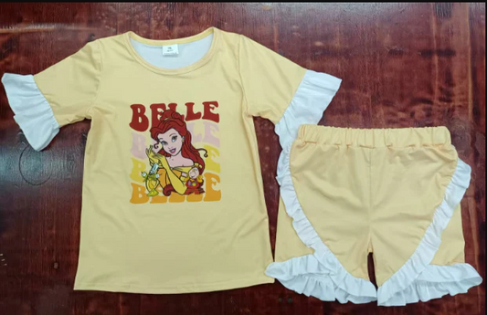 4.28 Preorder moq 5 Baby Girls Yellow Short Sleeves Princess Belle Top Ruffle Short Set