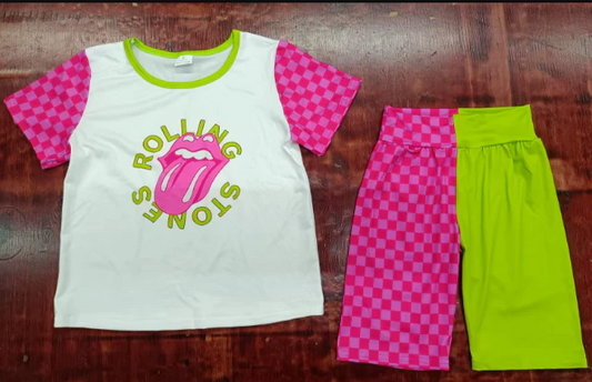 4.28 Preorder moq 5 Baby Girls Short Sleeves Stones Rolling Top Aqua Pink Patchwork Mid Short Set