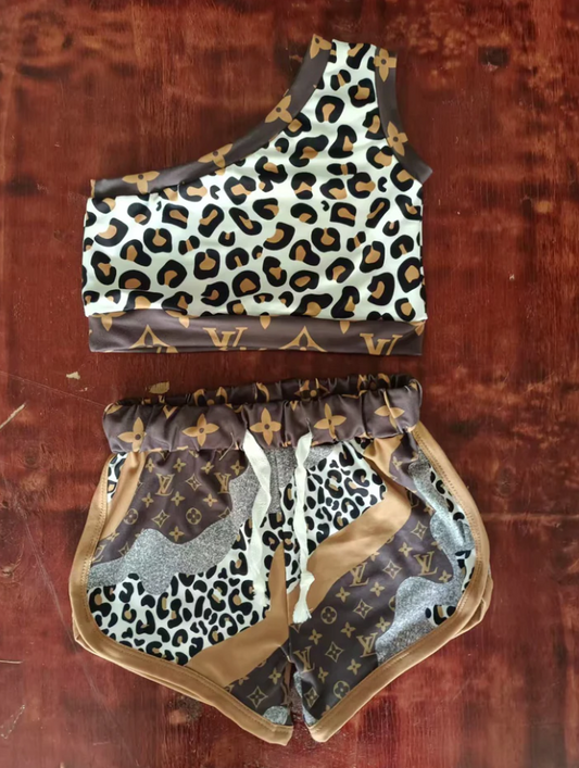 4.28 Preorder moq 5 Baby Girls One Shoulder Leopard Vest Top Floral Short Sets