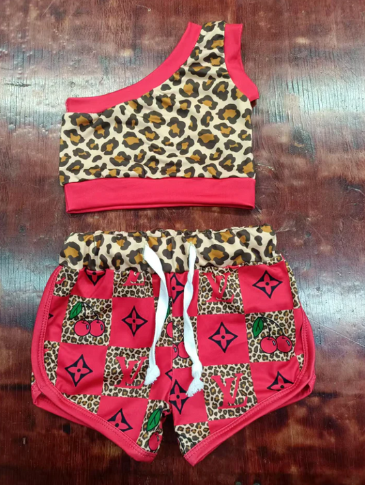 4.28 Preorder moq 5 Baby Girls One Shoulder Leopard Vest Top Cherry Plaid Short Sets