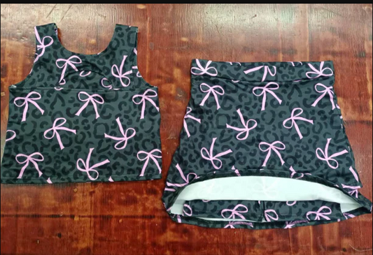 4.28 Preorder moq 5 Baby Girls Sleeveless Bows Black Leopard Top Short Skirts Sets