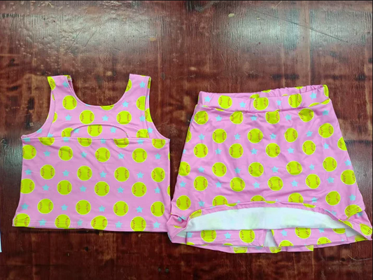 4.28 Preorder moq 5 Baby Girls Sleeveless Stars Baseballs Top Short Skirts Sets