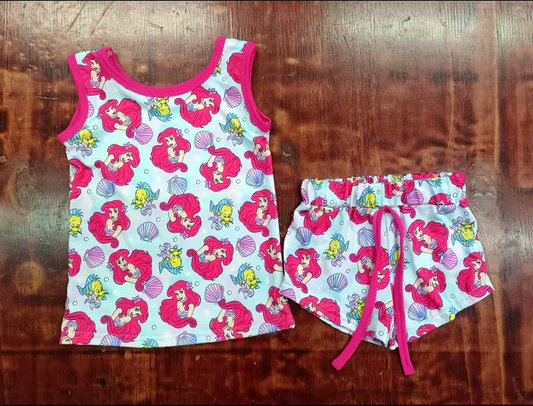 4.28 Preorder moq 5 Baby Girls Sleeveless Cartoon Fishes Mermaid Top Short Sets