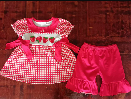 4.28 Preorder moq 5 Baby Girls Short Sleeves Red Plaid Strawberry Bows Tunic Ruffle Short Sets