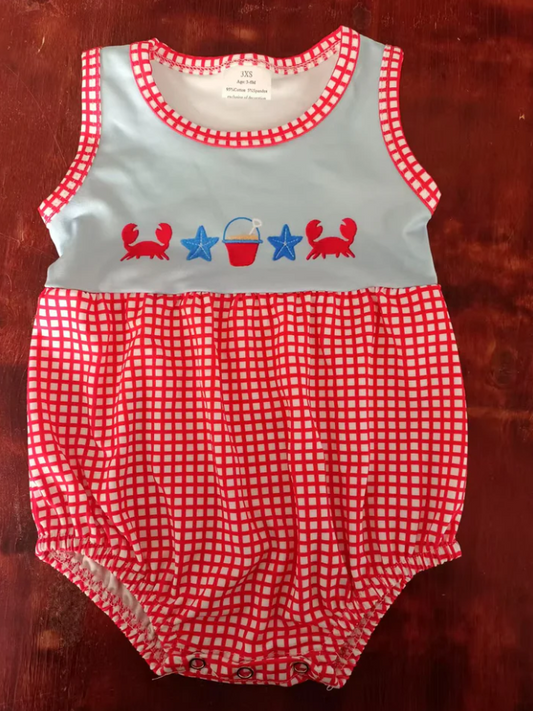 4.28 Preorder moq 5 Baby Girls Sleeveless Crabs Beach Red Plaid Ruffle Rompers