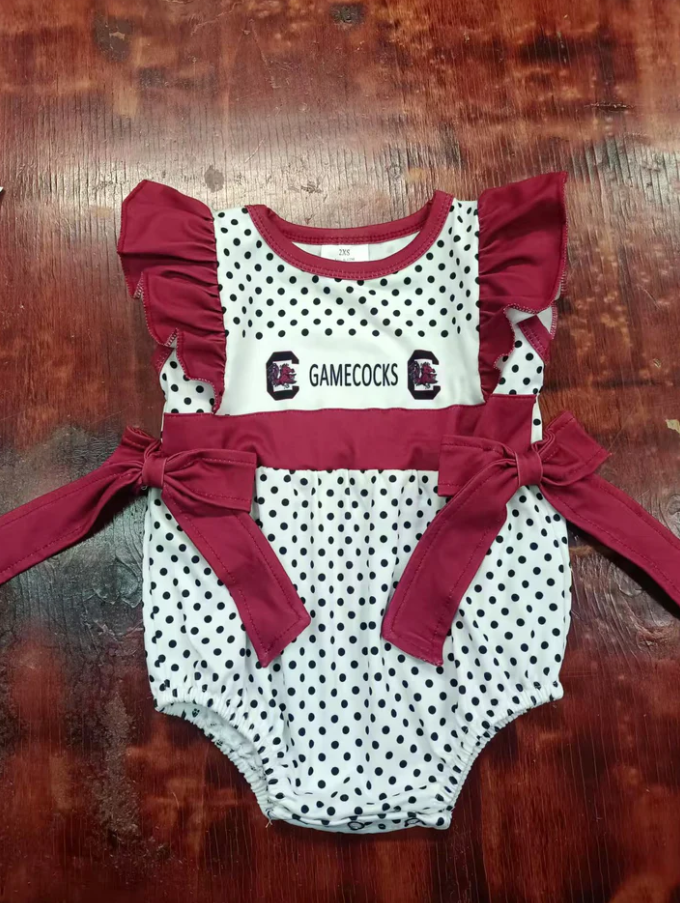 4.28 Preorder moq 5 Baby Girls Red Short Sleeves Polka Dots Gamecocks Bows Ruffle Rompers