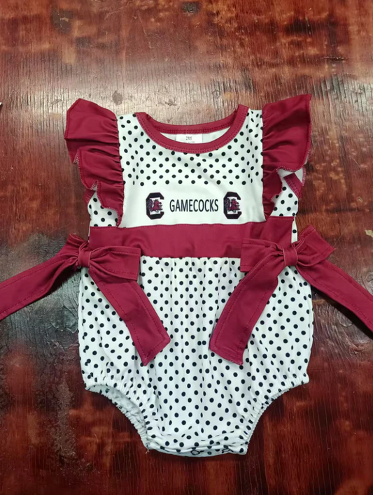 4.28 Preorder moq 5 Baby Girls Red Short Sleeves Polka Dots Gamecocks Bows Ruffle Rompers